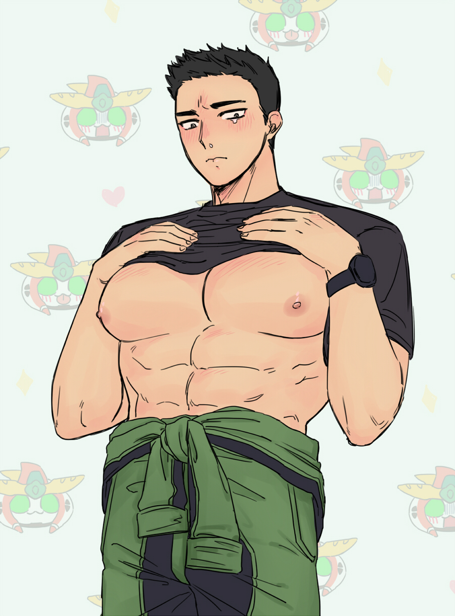 06584_1s2 1boy :p alternate_pectoral_size ao_isami bara bare_pectorals black_hair blush body_blush bravern character_background cowboy_shot facial_hair highres large_pectorals looking_at_viewer male_focus nipples pectorals presenting_pectorals shy sideburns_stubble solo standing stubble thick_eyebrows tongue tongue_out yuuki_bakuhatsu_bang_bravern