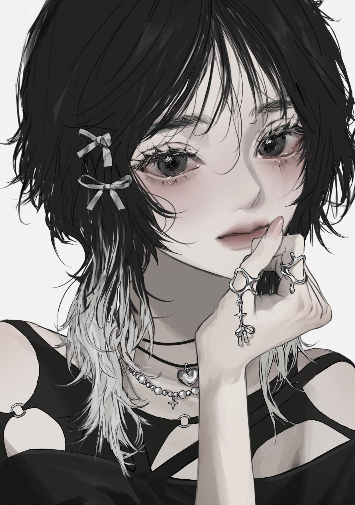 1girl black_hair closed_mouth colored_tips crying crying_with_eyes_open grey_eyes hair_ribbon hand_up highres jewelry kirochy looking_at_viewer multicolored_hair multiple_rings necklace original ribbon ring solo tears upper_body white_hair white_ribbon