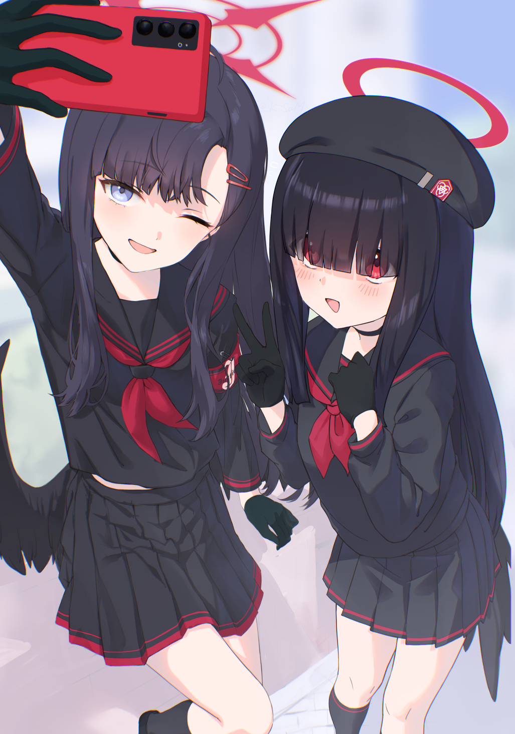 2girls beret black_gloves black_hair black_hat black_serafuku black_skirt black_socks blue_archive blunt_bangs blush cellphone commentary_request cowboy_shot eyes_visible_through_hair gloves hair_ornament hair_over_eyes hairclip halo hat highres holding holding_phone ichika_(blue_archive) justice_task_force_member_(blue_archive) kisamu_(ksmz) long_sleeves multiple_girls neckerchief one_eye_closed open_mouth phone pleated_skirt red_eyes red_halo red_neckerchief school_uniform selfie serafuku side-by-side skirt smartphone smile socks v