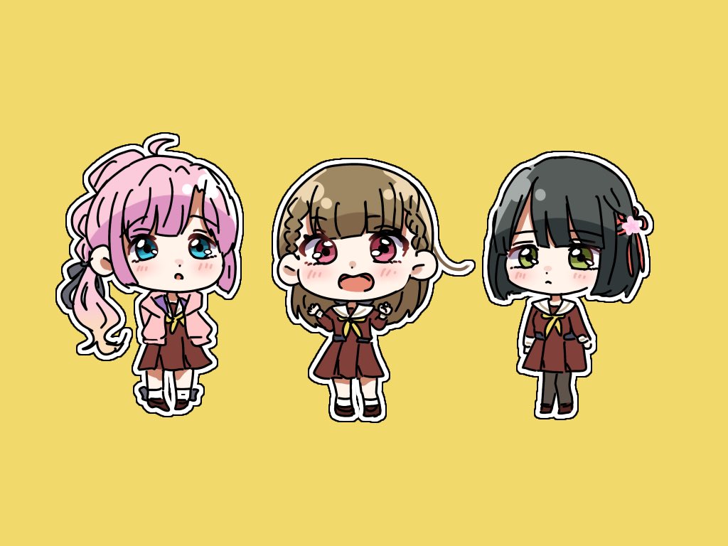 3girls :&lt; :d :o anyoji_hime black_hair black_pantyhose black_ribbon blonde_hair blue_eyes blunt_bangs blunt_ends blush braid brown_dress brown_footwear brown_hair center-flap_bangs chibi chibi_only closed_mouth commentary dress flower frown gradient_hair green_eyes hair_flower hair_ornament hair_ribbon harusame_soup_(har_s_k) hasu_no_sora_school_uniform jacket kachimachi_kosuzu link!_like!_love_live! long_hair long_sleeves looking_at_another looking_at_viewer love_live! medium_dress momose_ginko multi-tied_hair multicolored_hair multiple_girls neckerchief open_clothes open_jacket open_mouth outline pantyhose pink_eyes pink_hair pink_jacket pleated_dress ponytail ribbon sailor_collar sailor_dress school_uniform short_hair side_braids sidelocks smile straight_hair very_long_hair virtual_youtuber white_outline white_sailor_collar winter_uniform yellow_background yellow_neckerchief