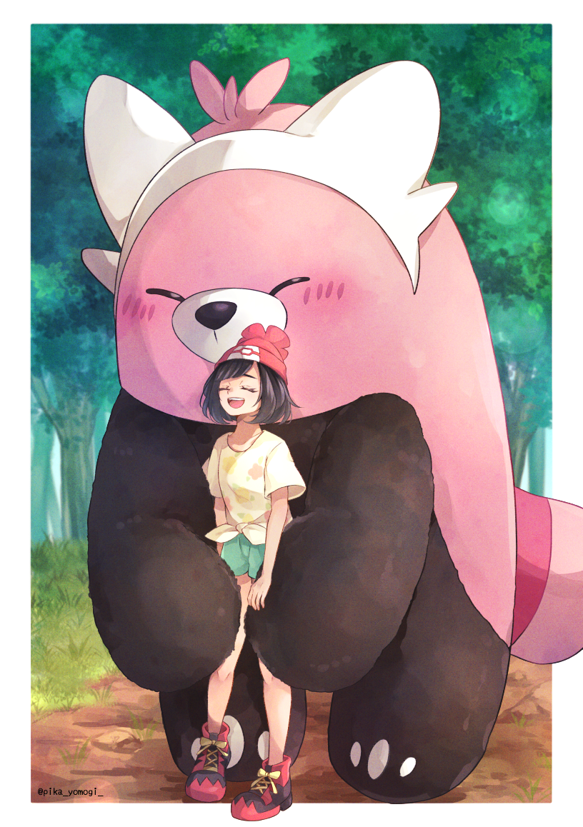 1girl :d affectionate beanie bewear black_hair border closed_eyes commentary_request day grass green_shorts hat knees open_mouth outdoors pokemon pokemon_(creature) pokemon_sm red_footwear red_hat selene_(pokemon) shirt shoes short_hair short_shorts short_sleeves shorts smile standing tied_shirt tree white_border yellow_shirt yomogi_(black-elf)