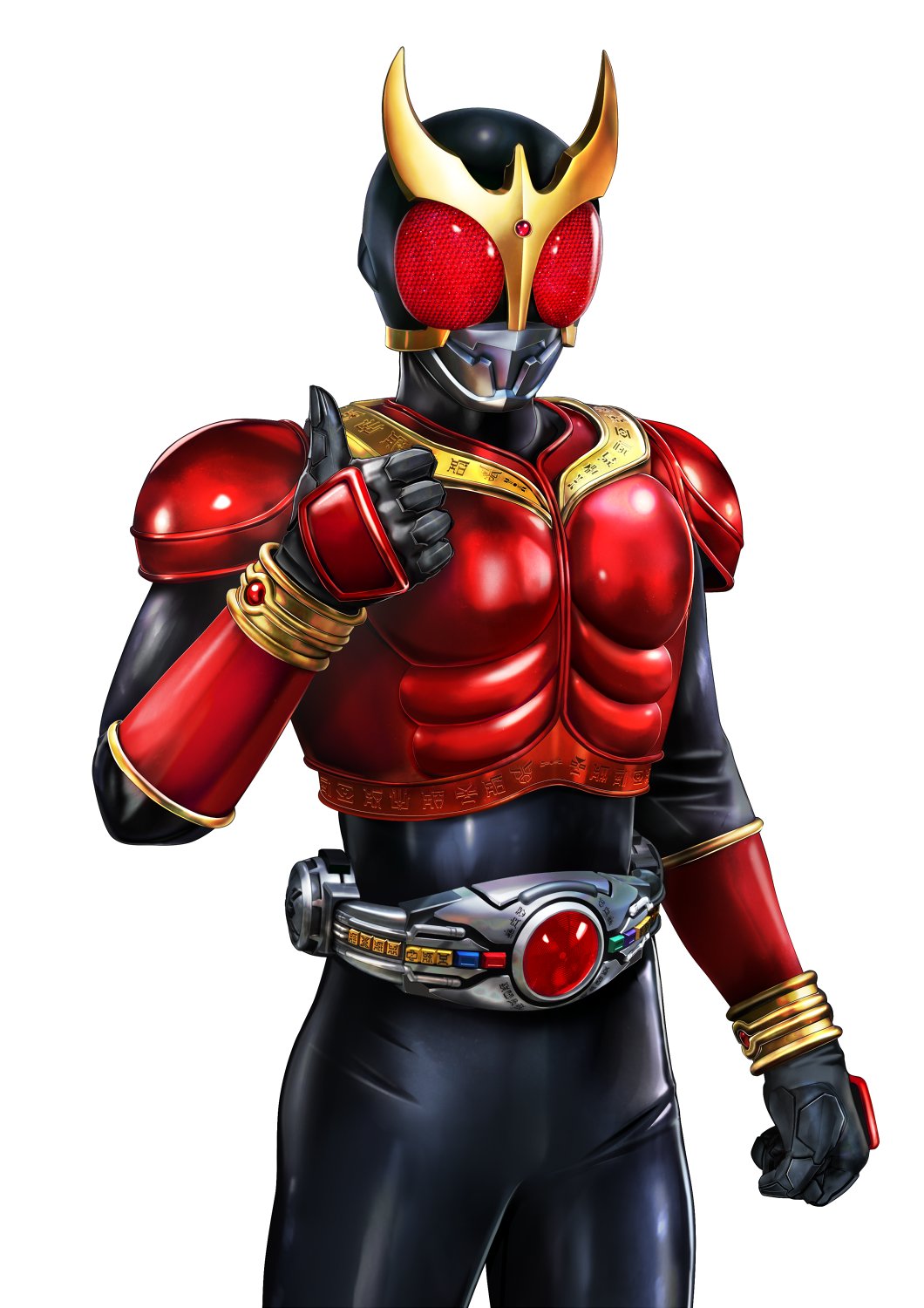 1boy arcle_(kuuga) armor black_bodysuit bodysuit commentary compound_eyes helmet highres horns kamen_rider kamen_rider_kuuga kamen_rider_kuuga_(series) looking_at_viewer masukudo_(hamamoto_hikaru) red_armor red_eyes rider_belt simple_background solo thumbs_up tokusatsu white_background