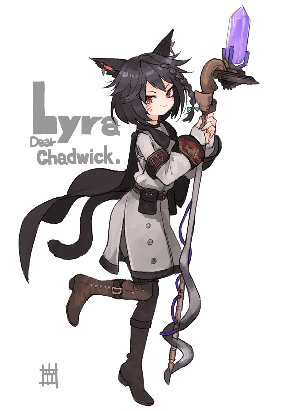 1girl animal_ears avatar_(ff14) black_cape black_hair boots braid brown_footwear cape cat_ears cat_girl cat_tail commission crystal facial_mark final_fantasy final_fantasy_xiv full_body highres jacket kasa leg_up long_sleeves looking_at_viewer miqo'te red_eyes short_hair skeb_commission smile staff tail thigh_boots whisker_markings white_jacket