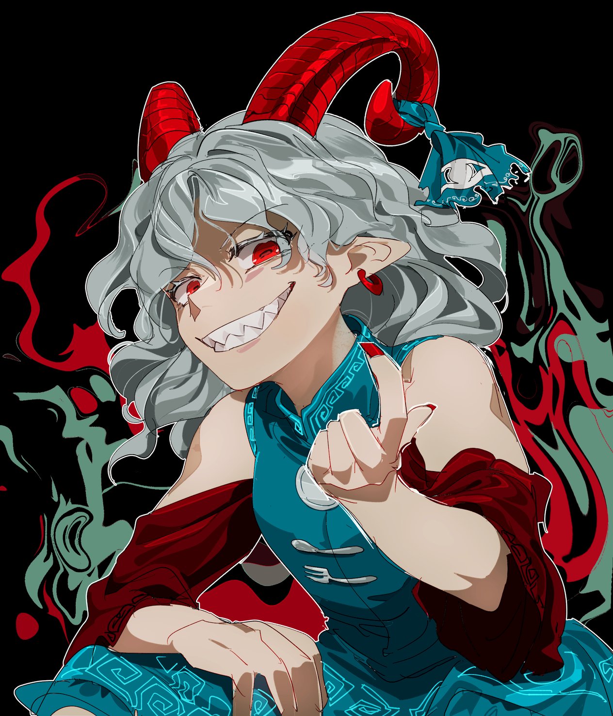 1girl blue_dress blue_eyes chamaruk curly_hair detached_sleeves dress earrings highres horn_ornament horn_ribbon horns jewelry looking_at_viewer pointy_ears red_eyes red_horns red_sleeves ribbon sharp_teeth sheep_horns short_hair smile solo teeth touhou toutetsu_yuuma white_hair