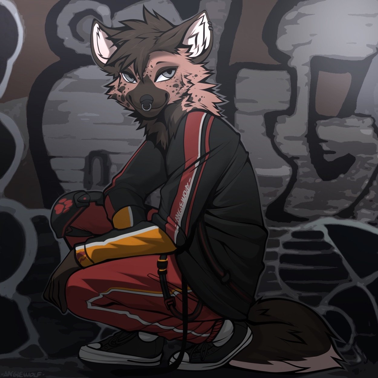 1:1 2022 angiewolf anthro black_clothing black_topwear bottomwear canid canine clothing digital_media_(artwork) facial_piercing graffiti hi_res male mammal nose_piercing pants piercing red_bottomwear red_clothing red_pants smile solo topwear wall_(structure)