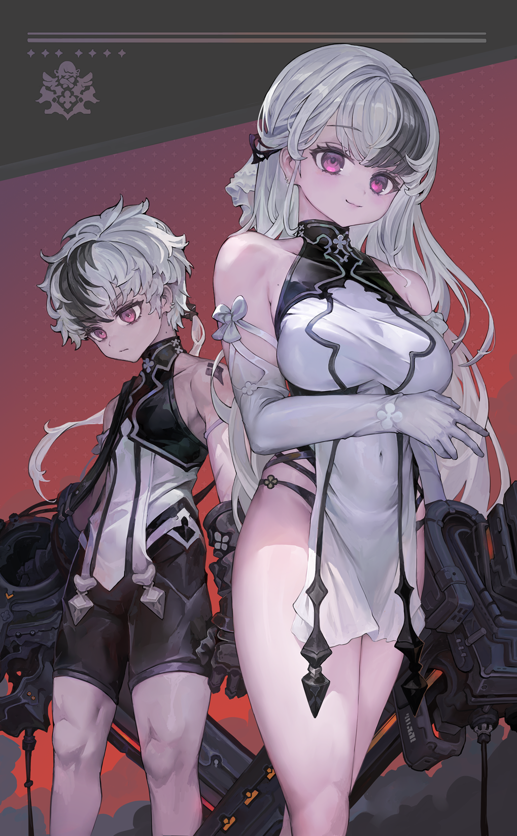 1boy 1girl bike_shorts black_hair breasts closed_mouth commentary dress elbow_gloves english_commentary gloves highres large_breasts long_hair multicolored_hair original purple_eyes short_hair smile standing streaked_hair thighs voruvoru white_dress white_gloves white_hair