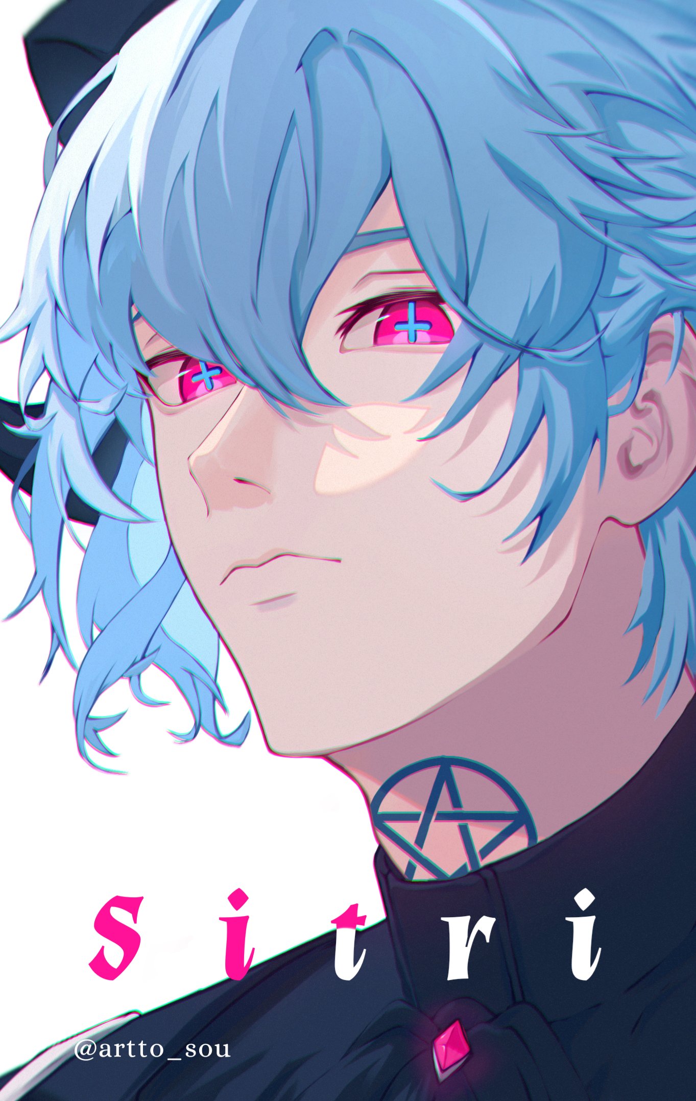 1boy blue_hair close-up cross cross_in_eye demon_boy demon_horns highres horns inverted_cross male_focus pentagram sitri_(what_in_hell_is_bad) star_tattoo tattoo what_in_hell_is_bad white_background