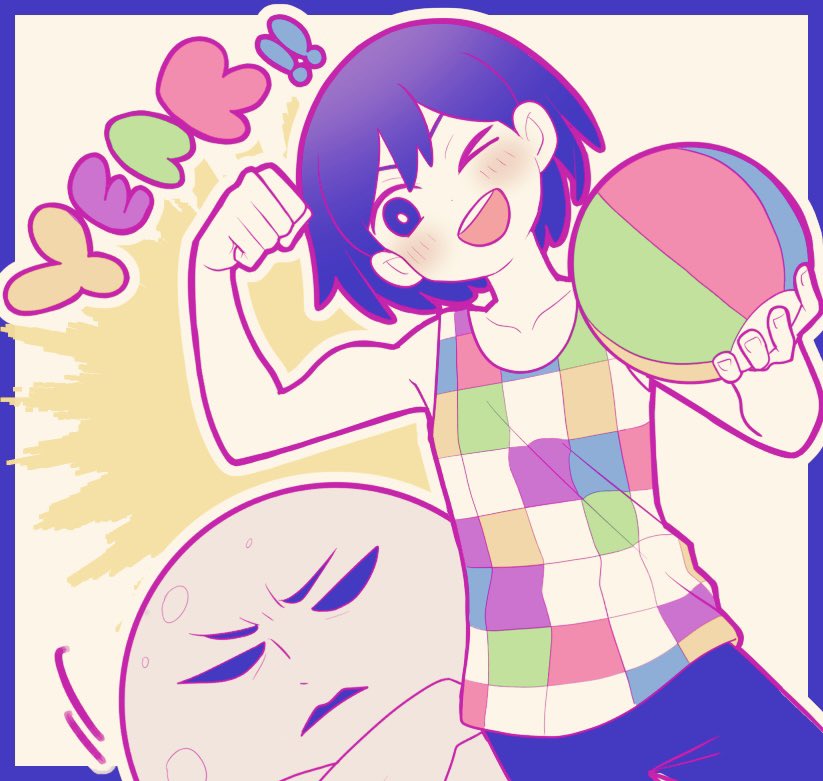 &gt;_o 1boy ball biceps black_shorts blush collarbone colored_skin doroidsan flexing holding holding_ball kel_(headspace)_(omori) kel_(omori) omori one_eye_closed pluto_(omori) purple_eyes purple_hair short_hair shorts smile teeth upper_teeth_only white_skin