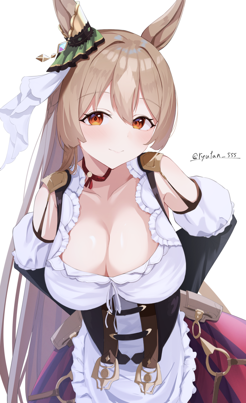 1girl animal_ears bodice braid breasts brown_hair choker cleavage collarbone cosplay dirndl ear_ornament eishin_flash_(umamusume) eishin_flash_(umamusume)_(cosplay) french_braid german_clothes hair_between_eyes highres horse_ears horse_girl horse_tail large_breasts long_hair looking_at_viewer lryutanl multicolored_hair open_mouth red_choker satono_diamond_(umamusume) scrunchie skirt smile solo streaked_hair striped_clothes striped_skirt swept_bangs tail umamusume vertical-striped_clothes vertical-striped_skirt white_hair