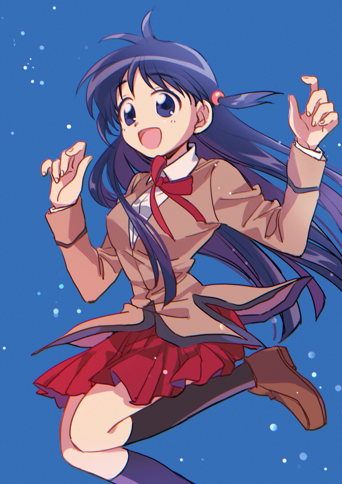 1girl bangs black_socks blue_background blue_eyes blue_hair blunt_ends breasts brown_footwear brown_jacket collared_shirt foot_out_of_frame hair_tie happy highres jacket jumping light_blush loafers long_hair long_sleeves looking_ahead medium_breasts neck_ribbon open_mouth pleated_skirt red_ribbon red_skirt ribbon school_rumble school_uniform shirt shoes skirt smile socks solo suzuki_(2red_moon3) tsukamoto_tenma two_side_up w_arms white_shirt