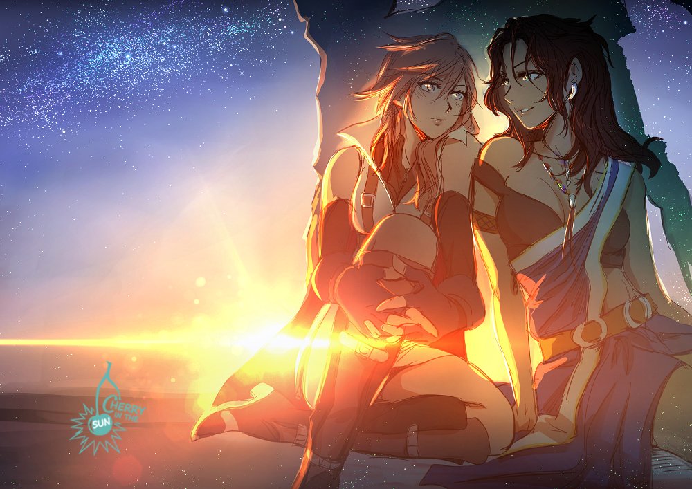 2girls artist_logo belt black_hair blue_eyes boots breasts cherry_in_the_sun cleavage eye_contact final_fantasy final_fantasy_xiii green_eyes indian_clothes lens_flare lightning lightning_farron long_hair looking_at_another medium_breasts multiple_girls oerba_yun_fang pink_hair sky star_(sky) starry_sky sunset yuri