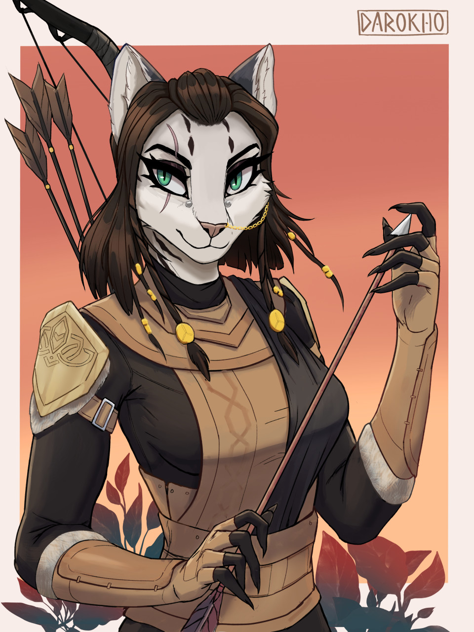 3:4 anthro armor arrow_(weapon) bethesda_softworks bow_(weapon) brown_hair chain_position claws clothed clothing darokho felid female fur fur_markings gradient_background green_eyes hair hi_res khajiit mammal markings piercing plant ranged_weapon scar simple_background smile smirk solo the_elder_scrolls video_games weapon white_body white_fur