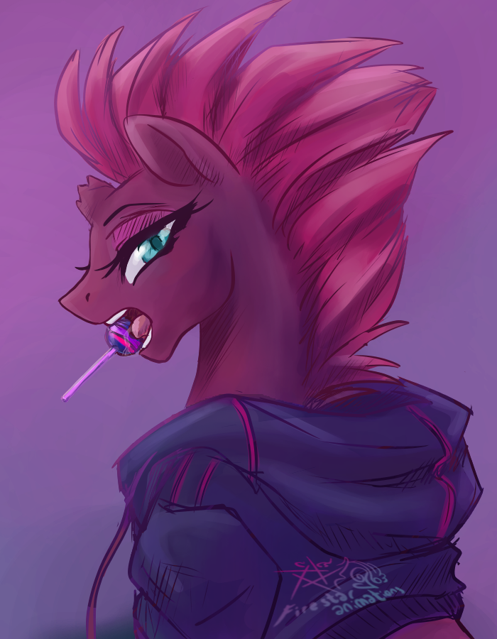 2017 broken_horn candy clothed clothed_feral clothing dessert digital_drawing_(artwork) digital_media_(artwork) equid equine eyelashes female feral fire-star-animations food friendship_is_magic gradient_background hasbro hoodie horn horse lollipop looking_at_viewer looking_back looking_back_at_viewer mammal mohawk my_little_pony my_little_pony:_the_movie_(2017) open_mouth pony purple_background purple_body simple_background solo teal_eyes tempest_shadow_(mlp) tongue topwear unicorn