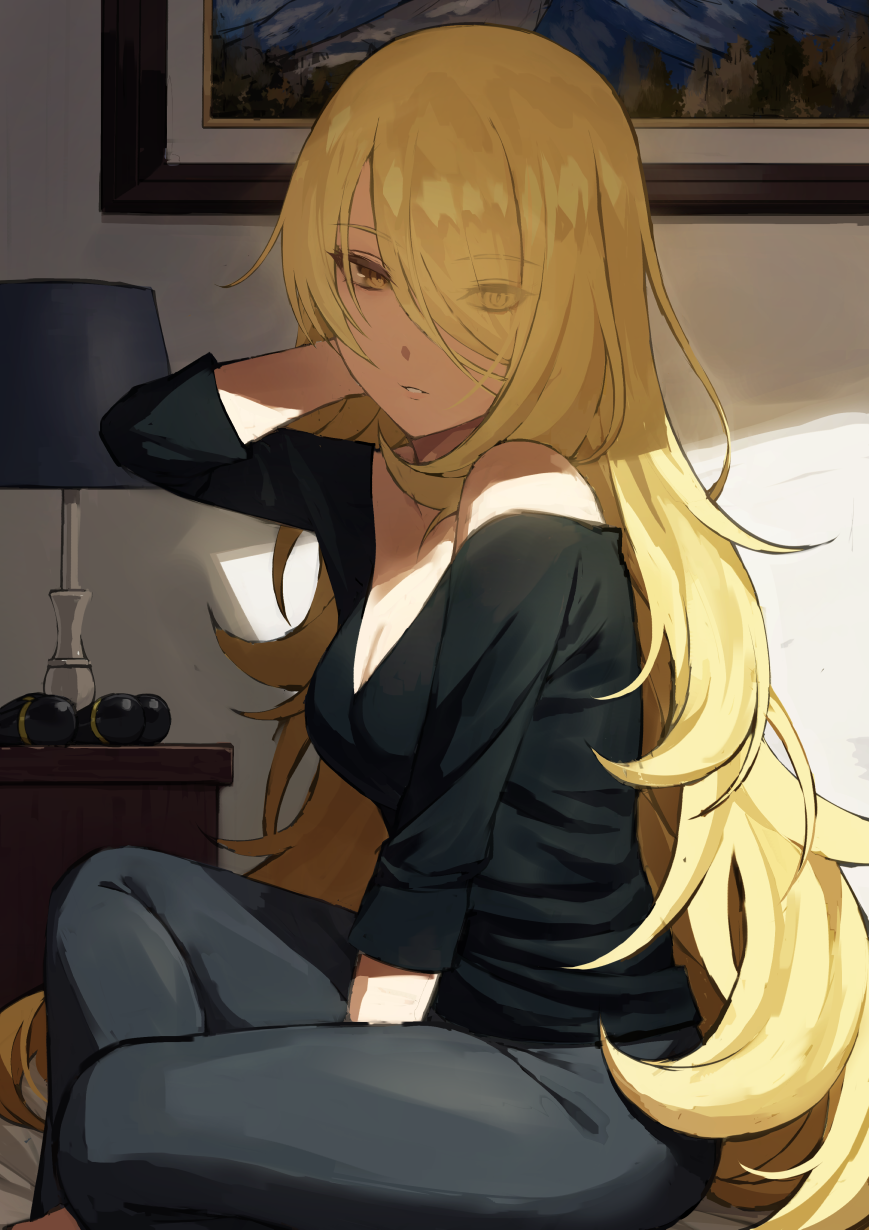 1girl alternate_eye_color arm_behind_head arm_up bare_shoulders black_pants black_shirt blonde_hair breasts cleavage cynthia_(pokemon) desk_lamp fagi_(kakikaki) from_side hair_ornament_removed hair_over_one_eye highres indoors lamp long_hair looking_at_viewer looking_to_the_side medium_breasts nightstand off-shoulder_shirt off_shoulder pants parted_lips picture_frame pokemon pokemon_(game) pokemon_dppt shirt sitting solo very_long_hair yellow_eyes