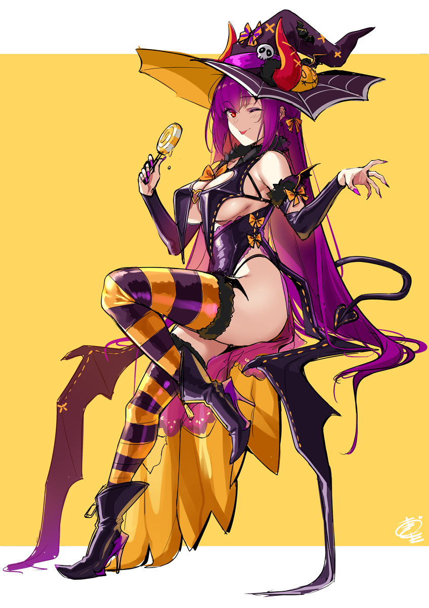 1girl bangs breasts demon_horns demon_tail demon_wings fate/grand_order fate_(series) hair_between_eyes halloween_costume hat highres horns large_breasts long_hair looking_at_viewer okitakung one_eye_closed purple_hair red_eyes scathach_(fate) smile solo tail wings witch_hat