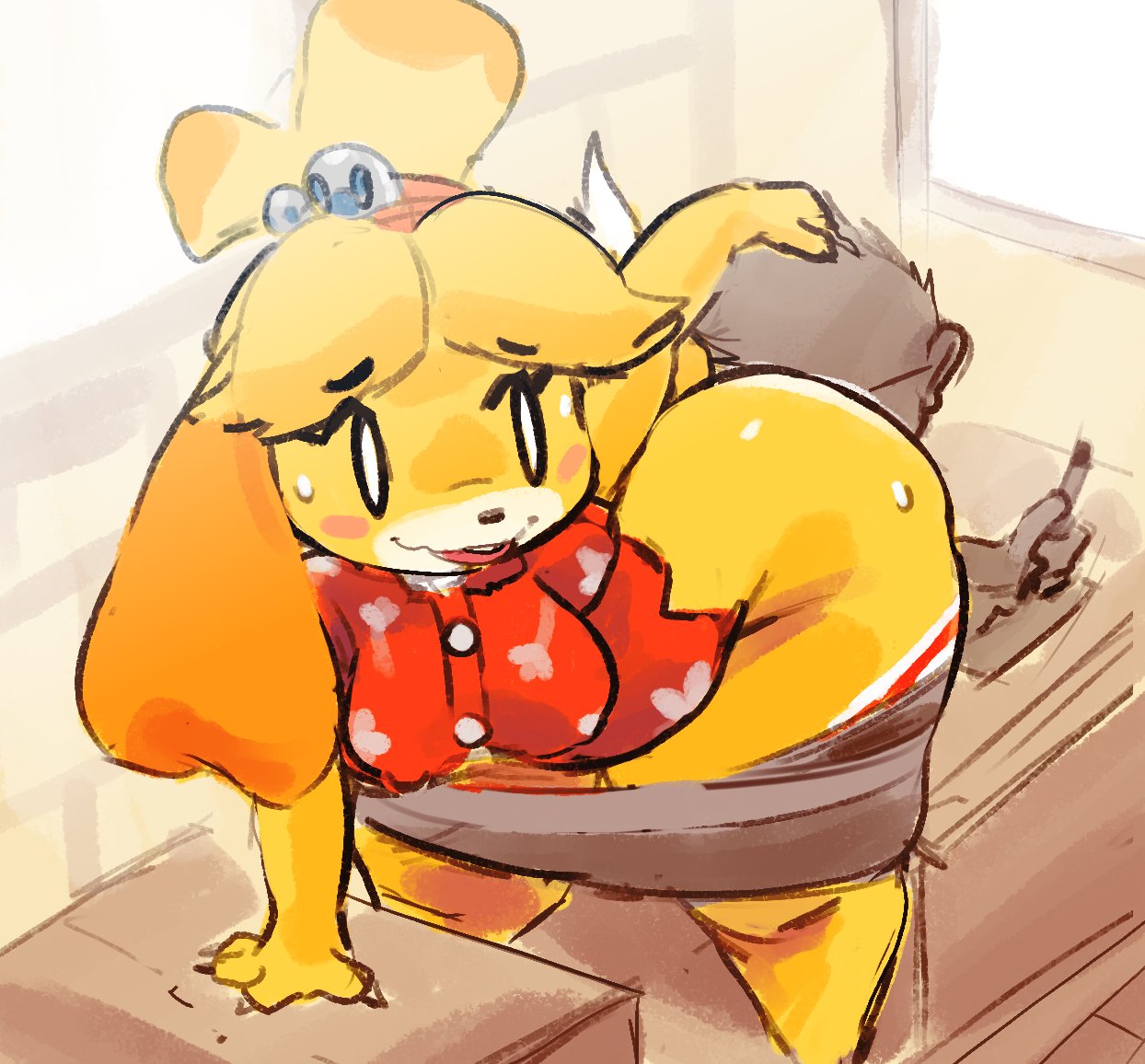 ambiguous_gender animal_crossing anthro bent_over big_butt blonde_hair bottomwear breasts butt canid canine canis clothed clothing domestic_dog dress_shirt duo female hair hand_on_head head_between_cheeks huge_thighs human isabelle_(animal_crossing) kiseff mammal nintendo panties panties_down partially_clothed shih_tzu shirt skirt skirt_down smile thick_thighs topwear toy_dog underwear underwear_down video_games villager_(animal_crossing) white_eyes yellow_body