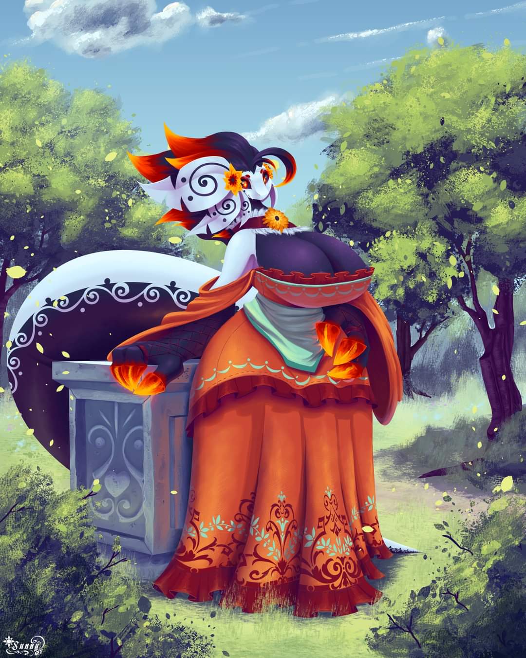 accessory anthro artist_name big_breasts big_hands big_tail black_body black_sclera breasts claws cleavage clothed clothing cloud day dragon dress female flower flower_in_hair flower_on_chest full-length_portrait hair hair_accessory hi_res huge_breasts multicolored_hair orange_clothing orange_dress orange_eyes outside plant portrait shrub sky solo standing sunny_draconis tail_on_furniture tree white_body