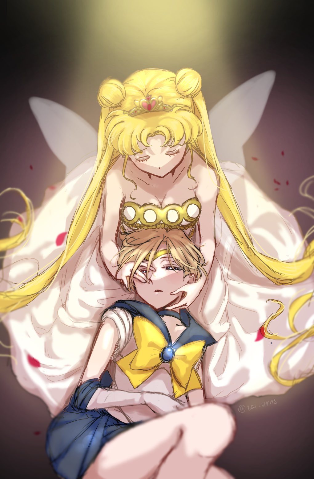 2girls bishoujo_senshi_sailor_moon blonde_hair blue_sailor_collar blue_skirt bow breasts dress hands_on_another's_face highres magical_girl multiple_girls on_floor open_mouth princess_serenity sailor_collar skirt tai_urns ten'ou_haruka white_dress yellow_bow