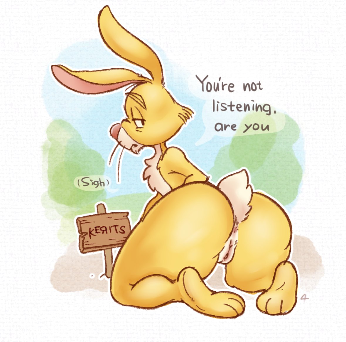 4pcsset andromorph anthro anus big_butt blurred_background border butt disney english_text fur genitals intersex kneeling lagomorph leporid looking_back mammal nude pussy rabbit rabbit_(winnie_the_pooh) sign solo speech_bubble text thick_thighs white_body white_border white_fur winnie_the_pooh_(franchise) yellow_body yellow_fur