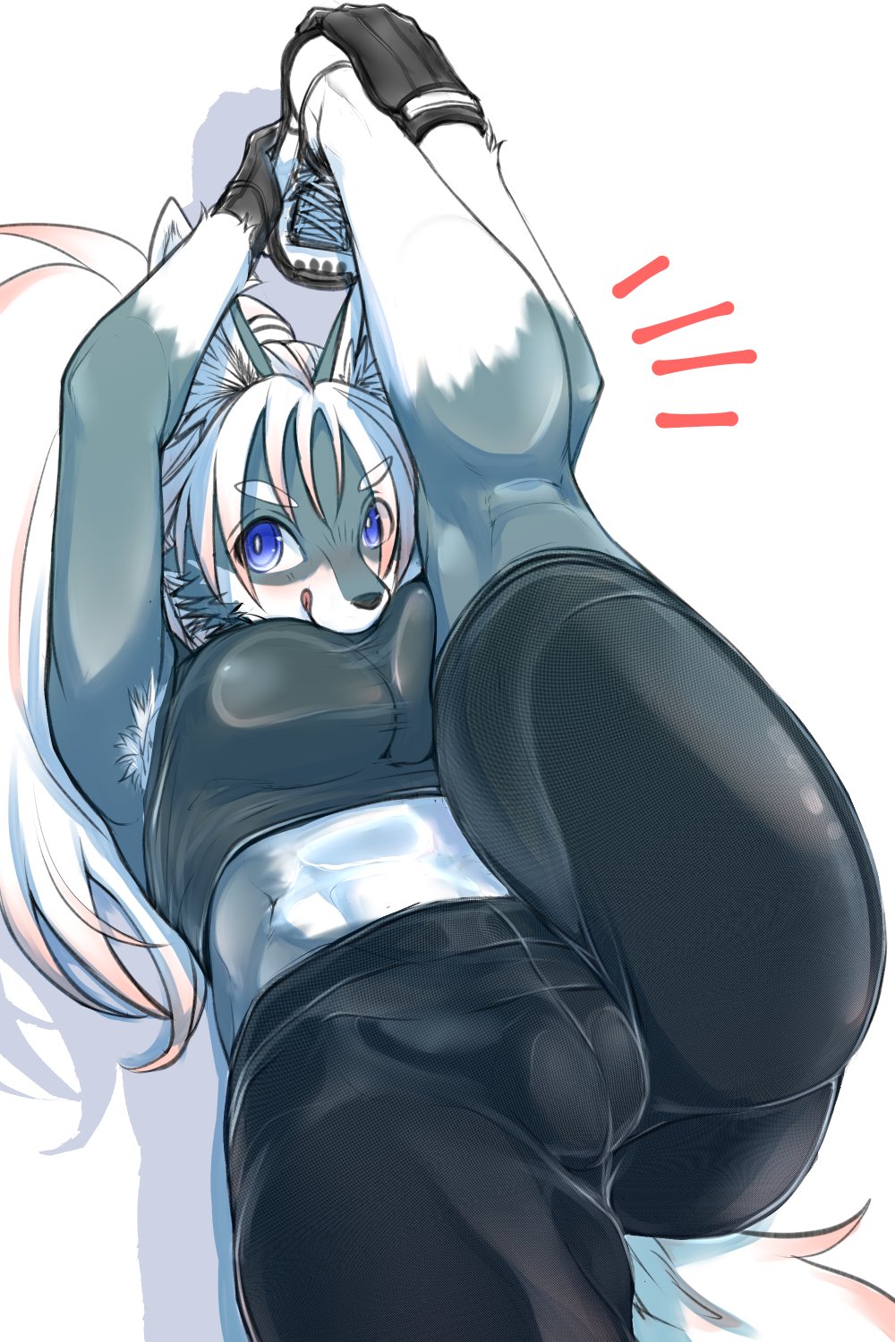 2:3 anthro armpit_hair athletic athletic_female big_breasts black_clothing black_nose blue_eyes body_hair bottomwear bra breast_squish breasts camel_toe canid canine canis cheek_tuft clothed clothing curvy_figure digital_media_(artwork) eyelashes facial_tuft female female_anthro flexible fur gloves grey_body grey_fur hair handwear hi_res inner_ear_fluff kemono leg_stretch licking long_hair lying mammal multicolored_body multicolored_fur okami_bark on_back ookamiwaho pants ponytail purple_eyes raised_leg self_lick shaded simple_background solo sports_bra sportswear squish stretching thick_thighs tight_bottomwear tight_clothing toned_stomach tongue tongue_out tuft two_tone_body two_tone_fur underwear voluptuous white_background white_body white_fur white_hair wide_hips wolf yoga yoga_pants