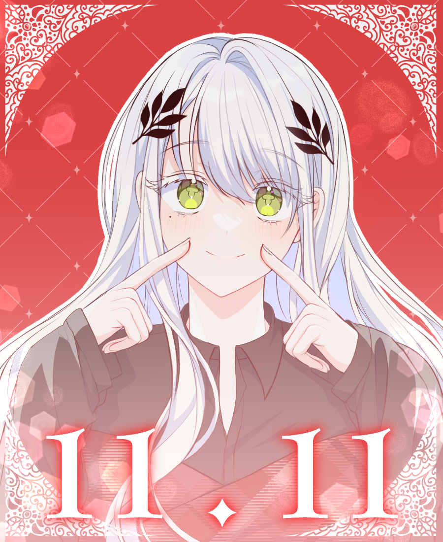 1girl black_shirt blush closed_mouth collared_shirt commentary dated dress_shirt green_eyes long_hair looking_at_viewer mamel_27 original red_background shirt single_hair_intake smile solo upper_body white_hair