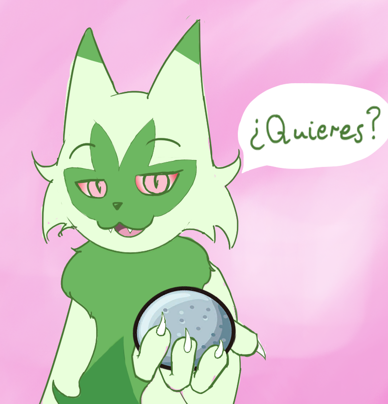 &iquest;quieres? 2022 anthro cherrybomb chest_tuft claws digital_media_(artwork) domestic_cat everstone felid feline felis floragato fur generation_9_pokemon green_body green_fur leaked_pokemon looking_at_viewer mammal meme nintendo pink_eyes pokemon pokemon_(species) red_eyes solo substance_intoxication teeth_showing tuft video_games