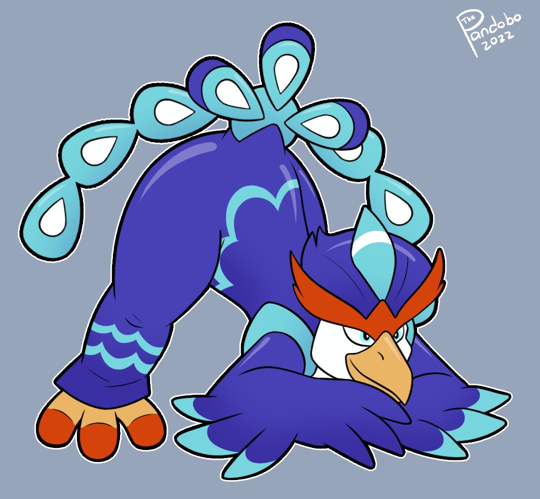 anthro ass_up beak big_butt blue_body blue_eyes blue_feathers butt crossed_arms feathers jack-o'_pose male nintendo pokemon pose quaquaval solo thepandobo video_games