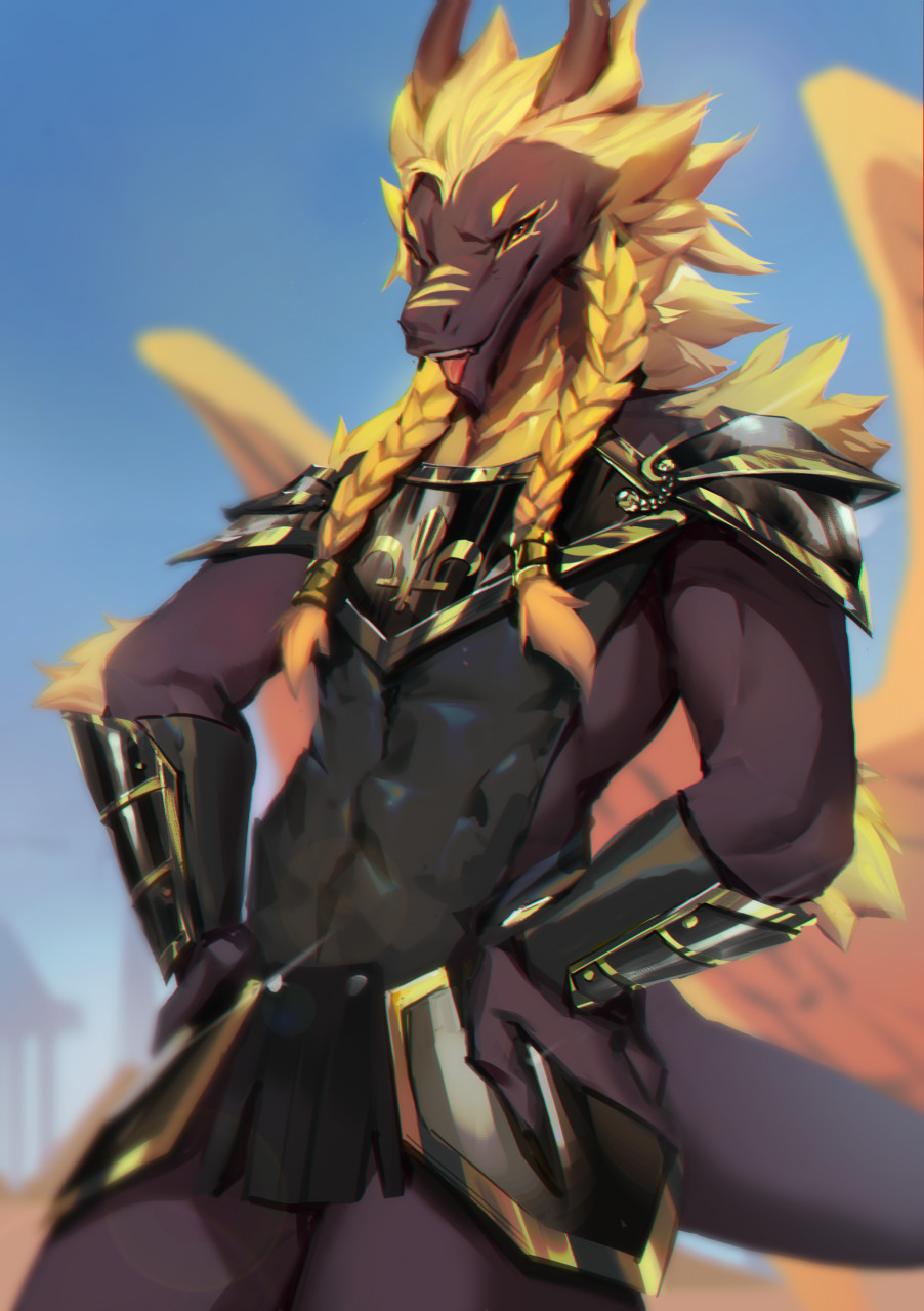 anthro arm_pads armor black_armor blonde_hair brown_body clothed clothing dragon glistening glistening_eyes hair hand_on_hip hi_res looking_at_viewer male muscular muscular_anthro muscular_male narrowed_eyes orange_eyes portrait red_tongue shermugi short_hair shoulder_pads solo standing teeth three-quarter_portrait tongue wings yellow_wings
