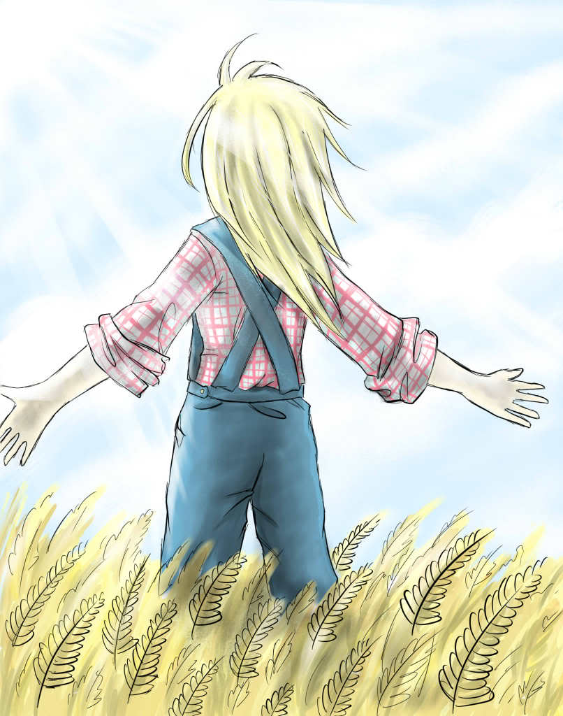 1girl artist_request blonde_hair claire_(harvest_moon) female harvest_moon nature outdoors sky solo wind windy