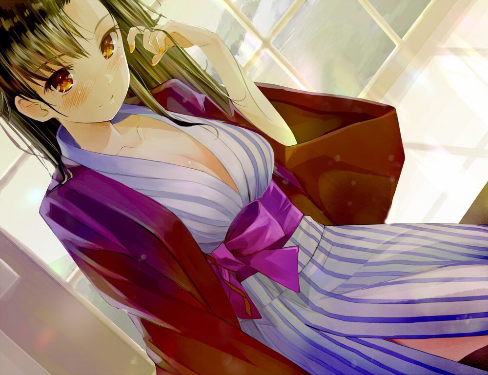 1girl asymmetrical_bangs bangs bath_yukata blue_kimono blush breasts brown_eyes brown_hair cleavage closed_mouth commentary day dutch_angle girls_und_panzer hand_in_own_hair indoors japanese_clothes kimono long_hair looking_at_viewer medium_breasts nishi_kinuyo smile solo standing striped striped_kimono sunlight vertical-striped_kimono vertical_stripes window yukata yurikuta_tsukumi