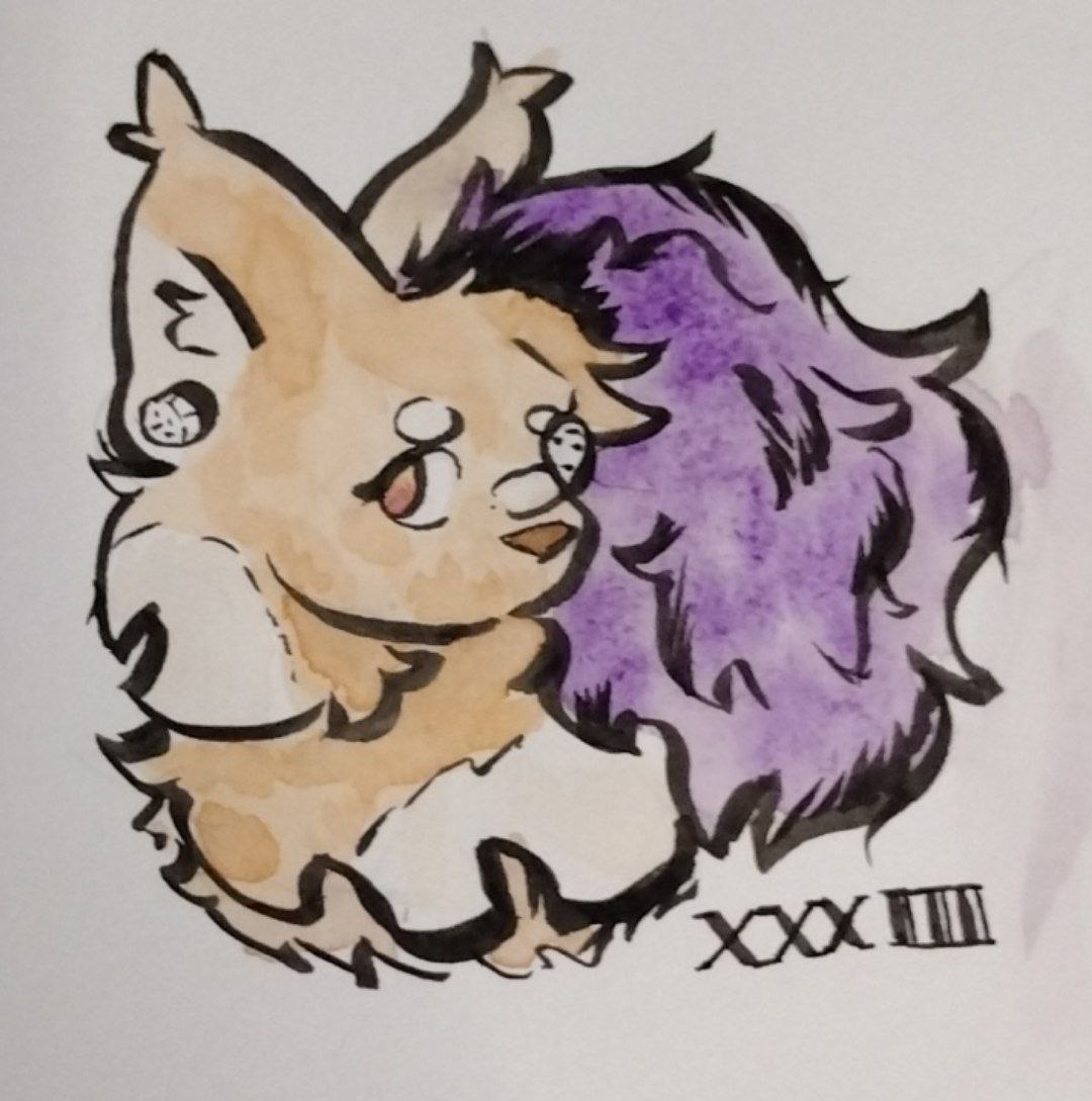 anthro brown_nose ear_piercing felid feline gauged_ear hair head_shot_portrait lynx male mammal piercing purple_hair roman_numeral rotor_(rotorthephone) rotorthephone solo traditional_media_(artwork) water_color