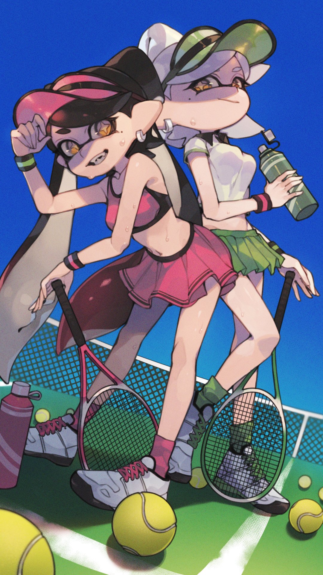 2girls ball bare_shoulders black_hair blue_sky bottle breasts callie_(splatoon) closed_mouth collarbone collared_shirt commentary day fangs full_body green_headwear green_skirt green_socks highres holding holding_bottle leaning_forward long_hair marie_(splatoon) medium_breasts midriff miniskirt mole mole_under_eye multiple_girls navel open_mouth outdoors pink_headwear pink_skirt pink_socks pink_sports_bra pleated_skirt prat_rat racket shirt shoes short_hair short_sleeves skirt sky smile smirk sneakers socks splatoon_(series) sports_bra sportswear standing star-shaped_pupils star_(symbol) stomach sweatdrop symbol-shaped_pupils t-shirt teeth tennis_ball tennis_court tennis_net tennis_racket tennis_uniform tentacle_hair twitter_username very_long_hair visor_cap water_bottle white_footwear white_hair white_shirt wing_collar wristband yellow_eyes