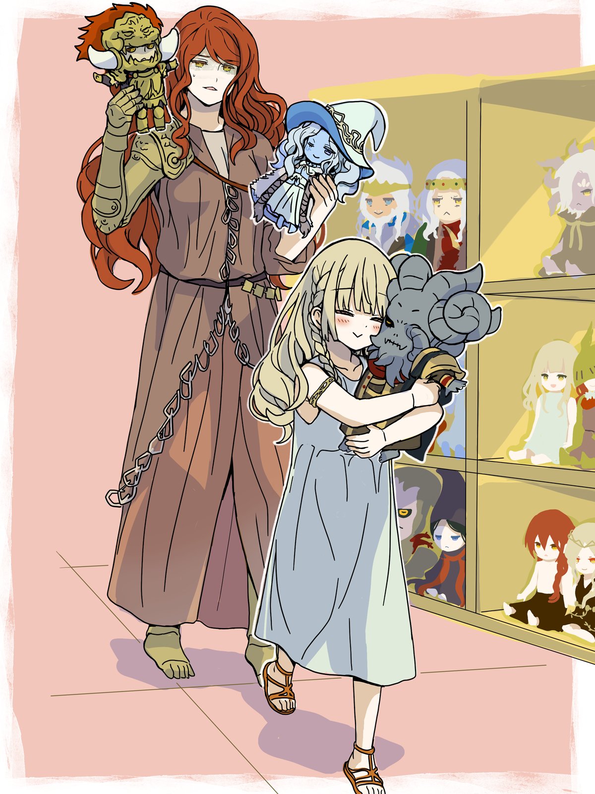 1boy 1girl armlet bangs bare_shoulders blonde_hair blunt_bangs blush braid brother_and_sister brown_dress character_doll closed_eyes dress elden_ring godfrey_first_elden_lord highres holding holding_stuffed_toy holding_toy indoors long_hair malenia_blade_of_miquella margit_the_fell_omen mechanical_arms mechanical_legs miquella_(elden_ring) mohg_lord_of_blood object_hug oi_kamenoko prosthesis prosthetic_arm prosthetic_leg queen_marika_the_eternal radagon_of_the_golden_order ranni_the_witch red_hair rennala_queen_of_the_full_moon rykard_lord_of_blasphemy sandals siblings side_braid single_mechanical_arm sleeveless starscourge_radahn stuffed_toy sweatdrop swept_bangs toy tunic twins very_long_hair wavy_hair yellow_eyes
