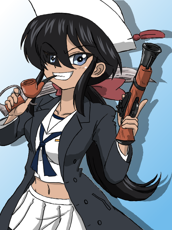 1girl antique_firearm bangs black_coat black_eyes black_hair black_neckerchief blouse blue_background bow coat commentary dark_skin dixie_cup_hat dual_wielding firelock flintlock girls_und_panzer gradient gradient_background grin gun hair_bow hair_over_one_eye handgun hat hat_feather holding long_coat long_hair long_sleeves looking_at_viewer midriff military_hat miniskirt mouth_hold navel neckerchief ogin_(girls_und_panzer) ooarai_naval_school_uniform open_clothes open_coat pipe_in_mouth pleated_skirt ponytail red_bow sailor sailor_collar school_uniform shadow shirt skirt smile smoking_pipe solo takahashi_kurage trigger_discipline weapon white_headwear white_shirt white_skirt