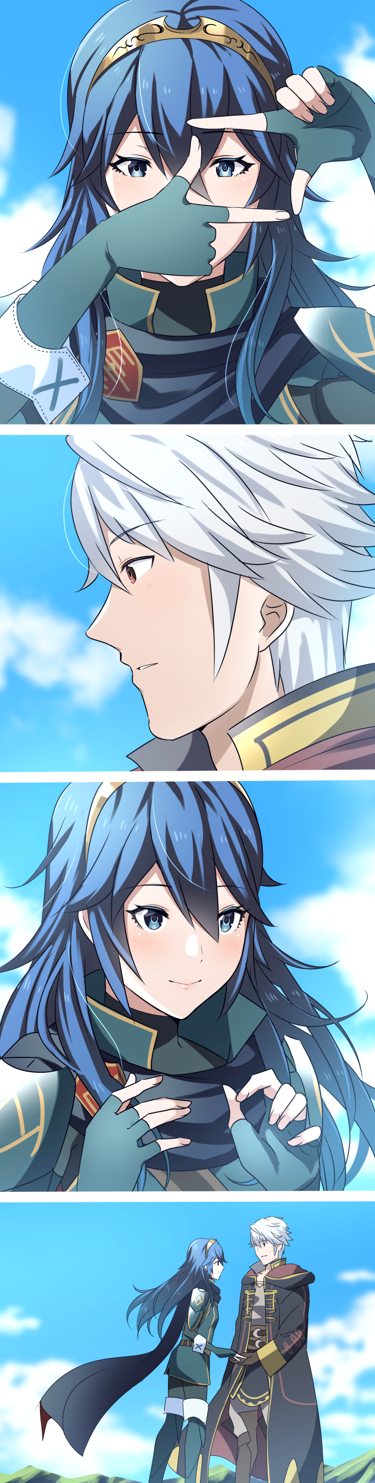 1boy 1girl absurdres ameno_(a_meno0) armor bangs black_coat black_gloves blue_cape blue_eyes blue_gloves blue_hair blue_sky blush brown_eyes cape closed_mouth coat commentary_request day finger_frame fingerless_gloves fire_emblem fire_emblem_awakening gloves grey_shirt highres holding_hands hood hood_down hooded_coat long_hair looking_at_another looking_at_viewer lucina_(fire_emblem) open_clothes open_coat profile robin_(fire_emblem) robin_(fire_emblem)_(male) shirt short_hair shoulder_armor sky smile tiara turtleneck white_hair