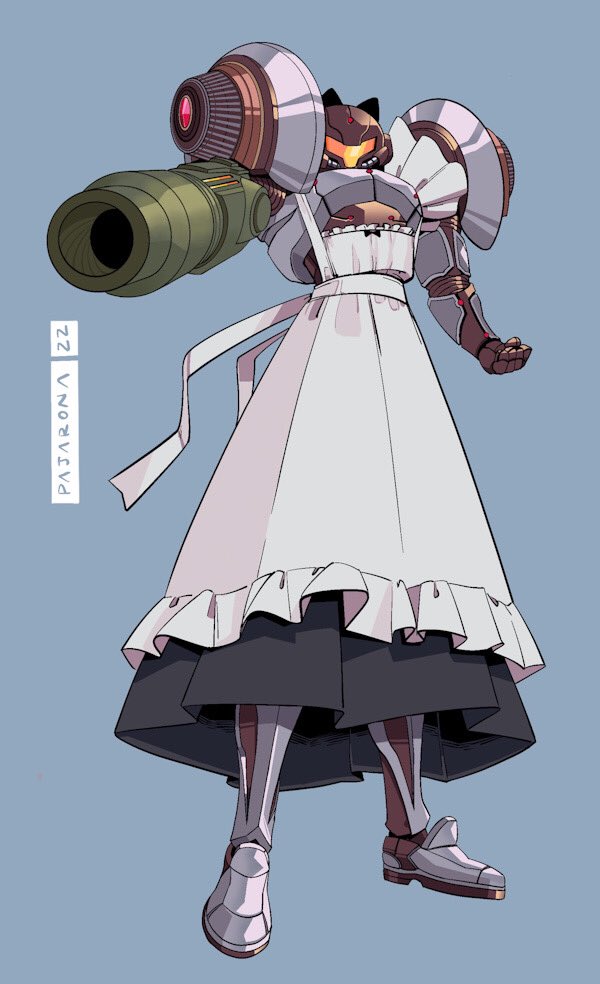 1girl alternate_costume animal_ears apron arm_cannon armor armored_boots artist_name assault_visor black_skirt blue_background boots cat_ears clenched_hand clothes_over_armor commentary dark_suit dated english_commentary enmaided facing_viewer frilled_apron frills full_body grey_footwear helmet jpeg_artifacts long_skirt maid maid_apron metroid metroid_prime metroid_prime_2:_echoes pajaronaa power_armor power_suit_(metroid) samus_aran shoulder_armor signature simple_background skirt solo standing weapon white_apron