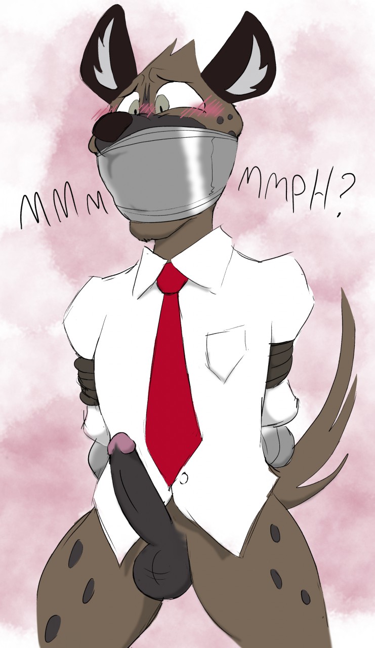 2019 aggressive_retsuko anthro bdsm blush bondage bound brown_body brown_fur fur gag gagged genitals haida hi_res hyaenid male mammal necktie panicking penis red_necktie rope sanrio solo tape tape_gag thewolfgoesmmph