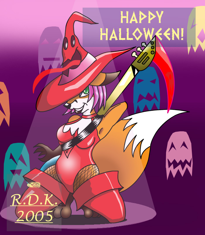 anthro canid canine clothing digital_drawing_(artwork) digital_media_(artwork) female fox ghost guilty_gear guitar halloween halloween_costume hat headgear headwear holidays i-no kneeling leggings legwear mammal musical_instrument plucked_string_instrument reddragonkan solo spirit string_instrument