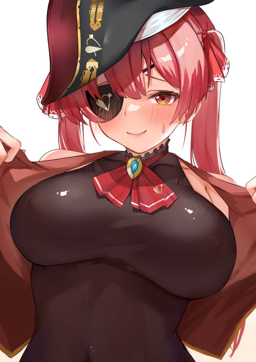1girl arrow_through_heart ascot bangs bare_shoulders bicorne black_headwear black_leotard blush breasts closed_mouth covered_navel covered_nipples cropped_jacket eyepatch hat hololive houshou_marine impossible_clothes impossible_leotard large_breasts leotard long_hair looking_at_viewer neko_no_suke_(nekoneco118) one_eye_covered open_clothes open_vest pirate_hat red_ascot red_eyes red_hair red_vest revision sleeveless sleeveless_jacket smile solo twintails undressing upper_body vest virtual_youtuber