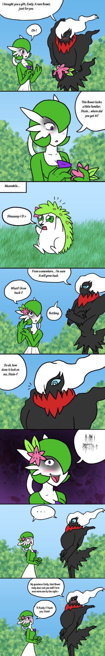 accessory awkward awkward_moment black_body black_nose blue_eyes blush bodily_fluids breasts chest_spike colored comic creepy creepy_smile crossed_arms crying darkrai dialogue duo ellipsis emoticon english_text eyes_closed female feral flattened flower gardevoir generation_3_pokemon generation_4_pokemon glistening glistening_eyes grass green_eyes green_spikes hair hair_accessory hair_over_eye hand_behind_back happy hi_res holding_flower holding_object humanoid land_forme_shaymin legendary_pokemon long_image looking_down looking_up male male/female multicolored_body nature nature_background nintendo one_eye_obstructed open_mouth plant pokemon pokemon_(species) purple_eyes scary shaymin shrub sitting sky smile speech_bubble spikes spikes_(anatomy) sweat sweatdrop tall_image tears text unknown_artist video_games white_body white_hair white_skin