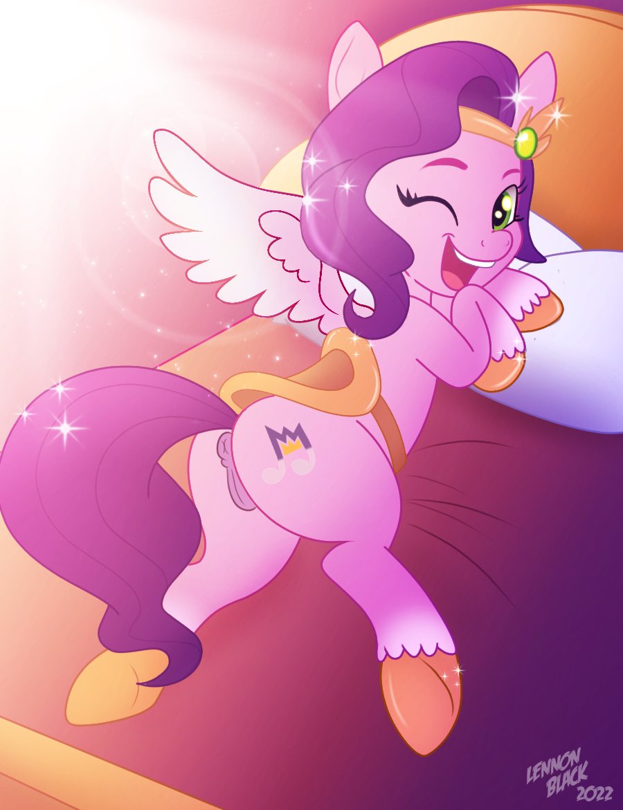 anus butt equid equine female genitals hair hasbro lennonblack looking_at_viewer looking_back looking_back_at_viewer mammal mlp_g5 my_little_pony one_eye_closed pegasus pipp_petals_(mlp) purple_hair pussy saddle wings wink