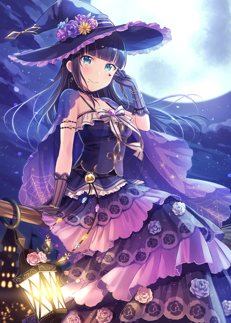 1girl aqua_eyes bangs black_hair blunt_bangs bow breasts broom broom_riding cape closed_mouth commentary dress facial_tattoo flower gloves hand_up hat hat_flower heart heart_tattoo kurosawa_dia lantern layered_dress long_dress long_hair looking_at_viewer love_live! love_live!_school_idol_festival love_live!_sunshine!! medium_breasts mole mole_under_mouth moon moonlight night official_alternate_costume outdoors purple_cape purple_dress purple_gloves purple_headwear sakou_mochi sitting_sideways sleeveless sleeveless_dress smile solo spaghetti_strap striped striped_gloves tattoo vertical-striped_gloves vertical_stripes white_bow witch_hat