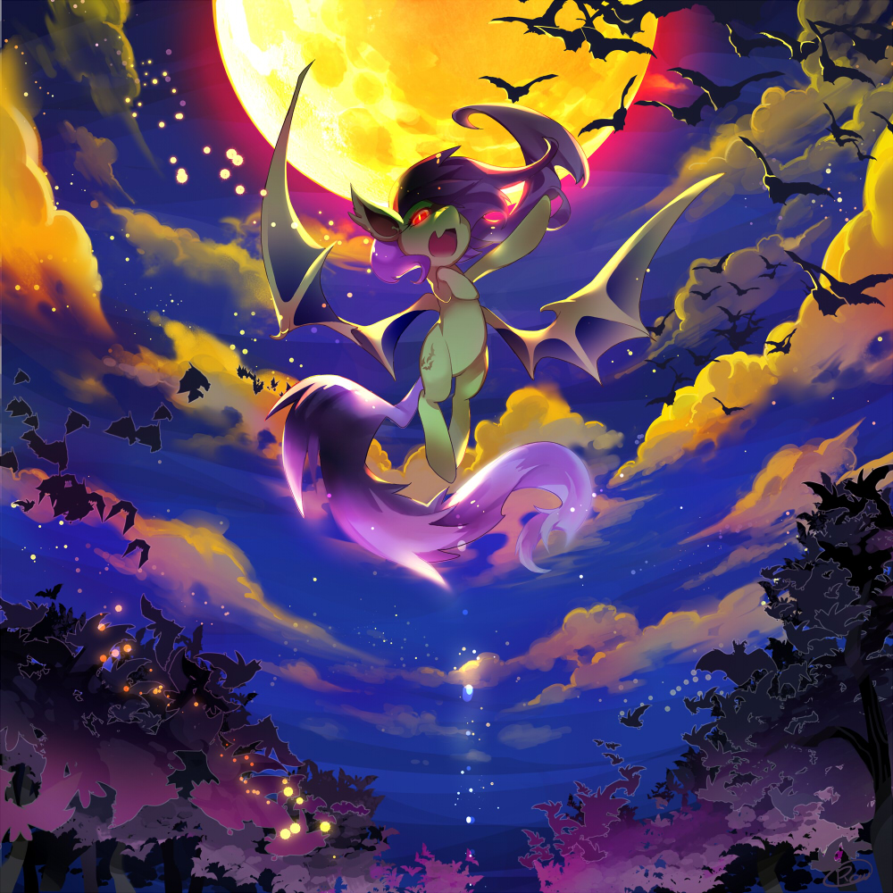 1:1 2014 bat_pony chiropteran cloud cutie_mark detailed_background digital_media_(artwork) equid equine female feral flutterbat_(mlp) fluttershy_(mlp) friendship_is_magic front_view full_moon glowing glowing_eyes hair hasbro horse long_hair looking_at_viewer mammal membrane_(anatomy) membranous_wings moon my_little_pony night open_mouth outside pegasus pink_hair pink_tail plant pony raunoko red_eyes sky solo tree wings yellow_body yellow_ears yellow_skin yellow_wings