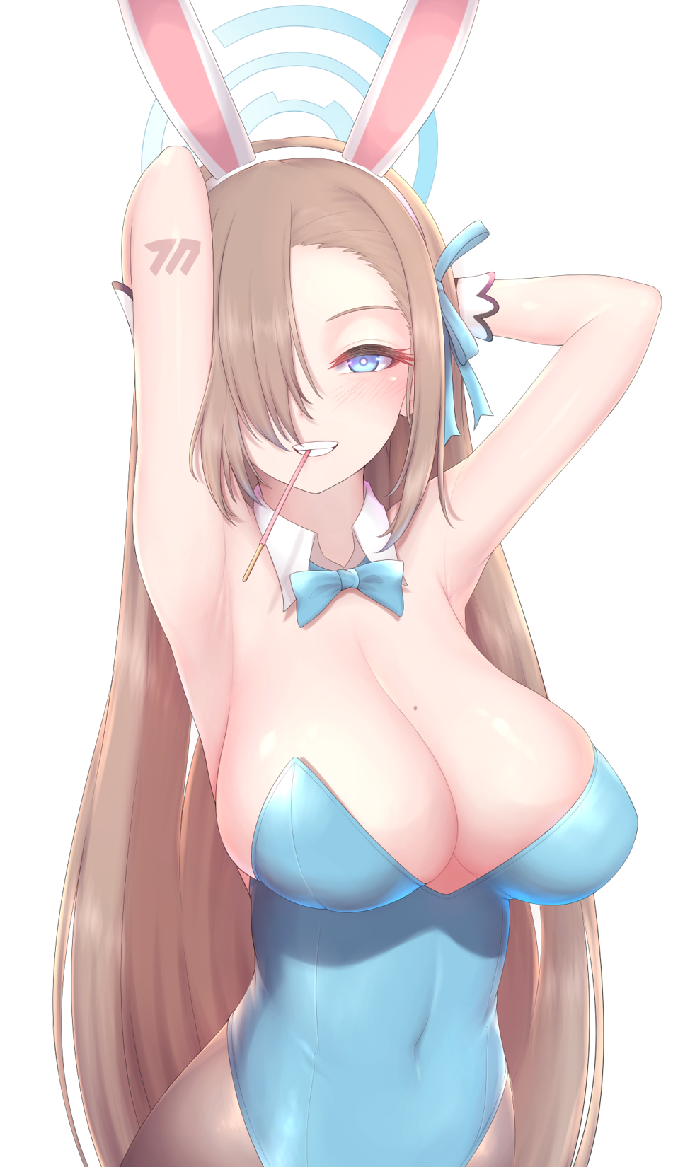 1girl animal_ears armpits arms_behind_head asuna_(blue_archive) black_pantyhose blue_archive blue_eyes bow bowtie breasts brown_hair cleavage covered_navel detached_collar fake_animal_ears gloves grin hair_over_one_eye highres looking_at_viewer nikuku_(kazedesune) pantyhose playboy_bunny pocky_day pocky_in_mouth rabbit_ears simple_background smile solo white_background white_gloves