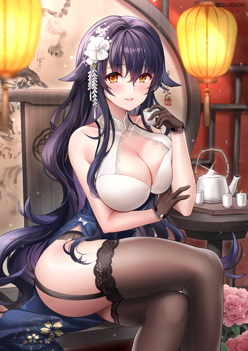 1girl azuma_(azur_lane) azuma_(soft_voice_of_spring)_(azur_lane) azur_lane bare_arms bare_shoulders black_dress black_hair breasts brown_gloves brown_thighhighs china_dress chinese_clothes cleavage commentary_request crossed_legs cup dress flower garter_straps gloves hair_flaps hair_flower hair_ornament highres holding kanzashi large_breasts long_hair looking_at_viewer official_alternate_costume open_mouth orange_eyes panty_straps pelvic_curtain silveroid sitting sleeveless sleeveless_dress smile solo thighhighs thighs very_long_hair wavy_hair