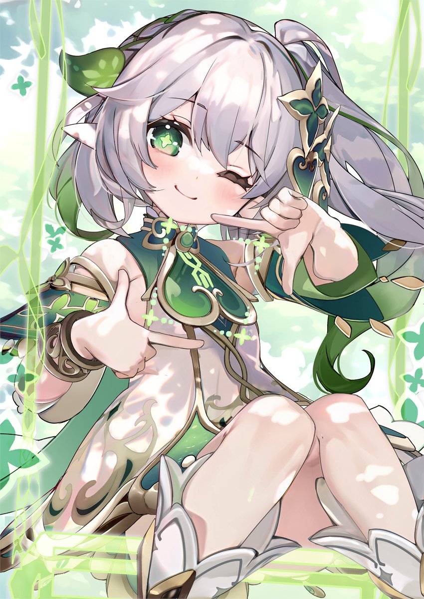 1girl braid dress finger_frame genshin_impact gradient_hair green_eyes green_hair grey_hair hair_ornament highres knees_together_feet_apart leaf long_hair looking_at_viewer multicolored_hair nahida_(genshin_impact) one_eye_closed pointy_ears shirokitsune short_dress side_ponytail sitting sleeveless sleeveless_dress smile socks solo swing two-tone_hair white_dress white_socks