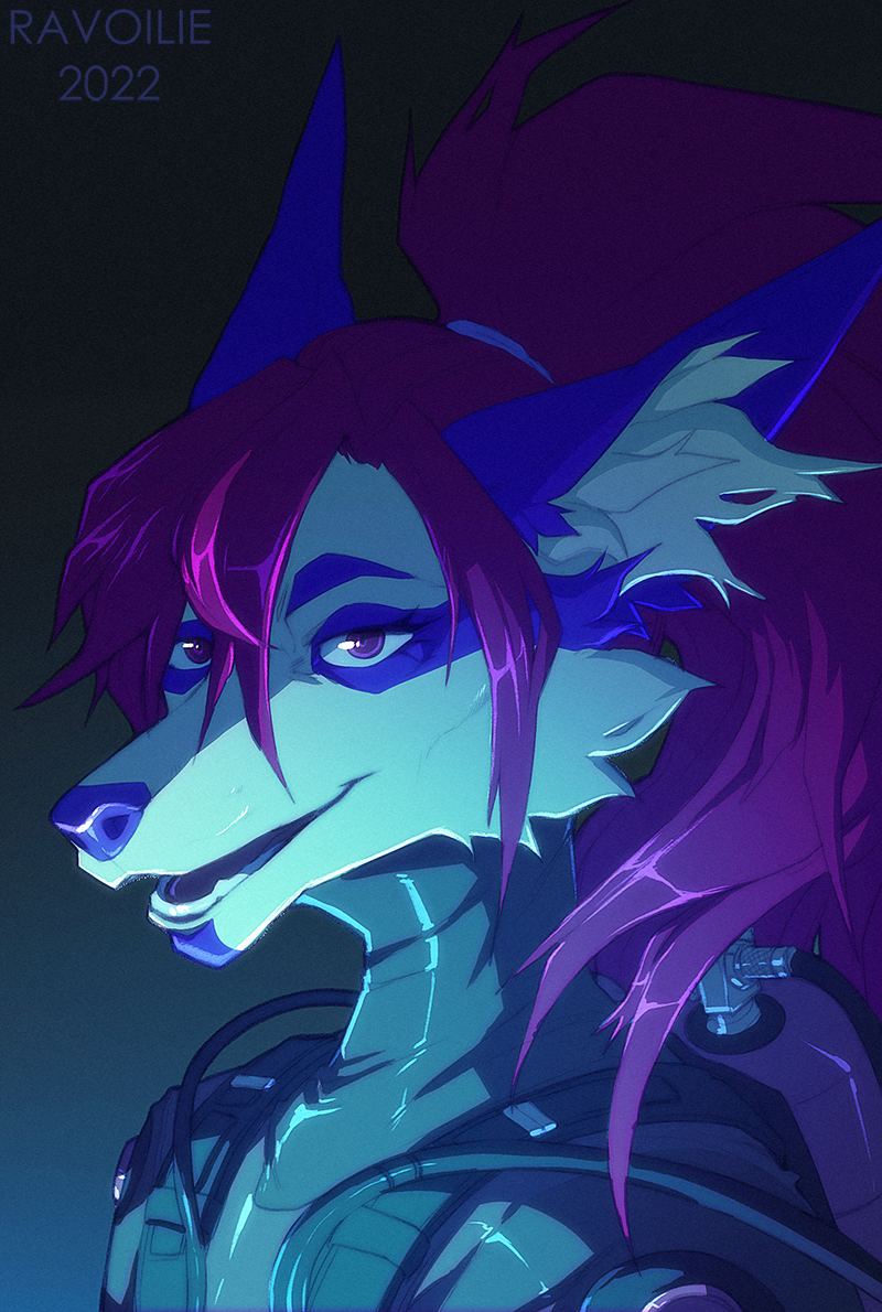 2022 anthro blue_body blue_fur blue_nose breasts canid canine clothed clothing digital_media_(artwork) eyebrows eyelashes female fur hair inner_ear_fluff mammal open_mouth purple_eyes purple_hair ravoilie simple_background smiel smile teeth tongue tuft