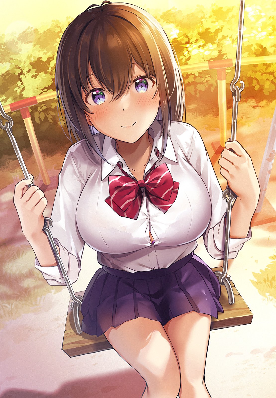 1girl autumn bangs black_bra blue_eyes blue_skirt blush bra bra_visible_through_clothes breasts brown_hair bursting_breasts bush closed_mouth collarbone collared_shirt commentary_request evening grass hair_between_eyes hawawa-chan_(shiro_kuma_shake) highres large_breasts legs_together long_hair looking_at_viewer original outdoors pleated_skirt railing school_uniform shiro_kuma_shake shirt skirt smile solo swing_set underwear white_shirt