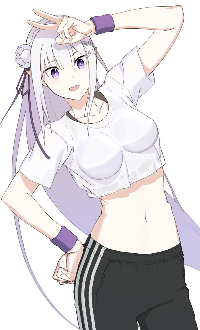 1girl :d alternate_costume bangs black_pants blunt_bangs breasts collarbone cowboy_shot crop_top emilia_(re:zero) flower hair_flower hair_ornament hair_ribbon hand_on_hip leaning_to_the_side long_hair medium_breasts midriff navel open_mouth pants purple_eyes purple_ribbon re:zero_kara_hajimeru_isekai_seikatsu ribbon see-through_silhouette shirt short_sleeves simple_background sinigami0612 smile solo sportswear standing stomach very_long_hair white_background white_flower white_hair white_shirt wristband