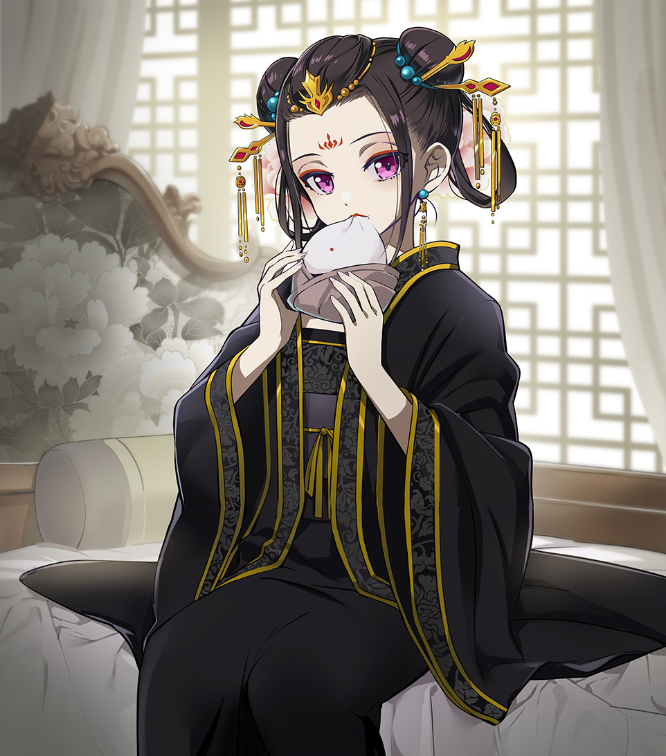 1girl backlighting baozi black_dress black_hair chinese_clothes curtains cushion double_bun dress earrings eating facial_mark food food_in_mouth gold_trim hair_bun hair_ornament hair_stick hands_up hanfu headboard headdress holding holding_food indoors jewelry koukyuu_no_karasu lattice long_sleeves looking_at_viewer makeup mascara nyoro_(nyoronyoro000) on_bed pale_skin purple_eyes red_lips ryuu_jusetsu sidelocks sitting solo tassel tassel_earrings wide_sleeves window